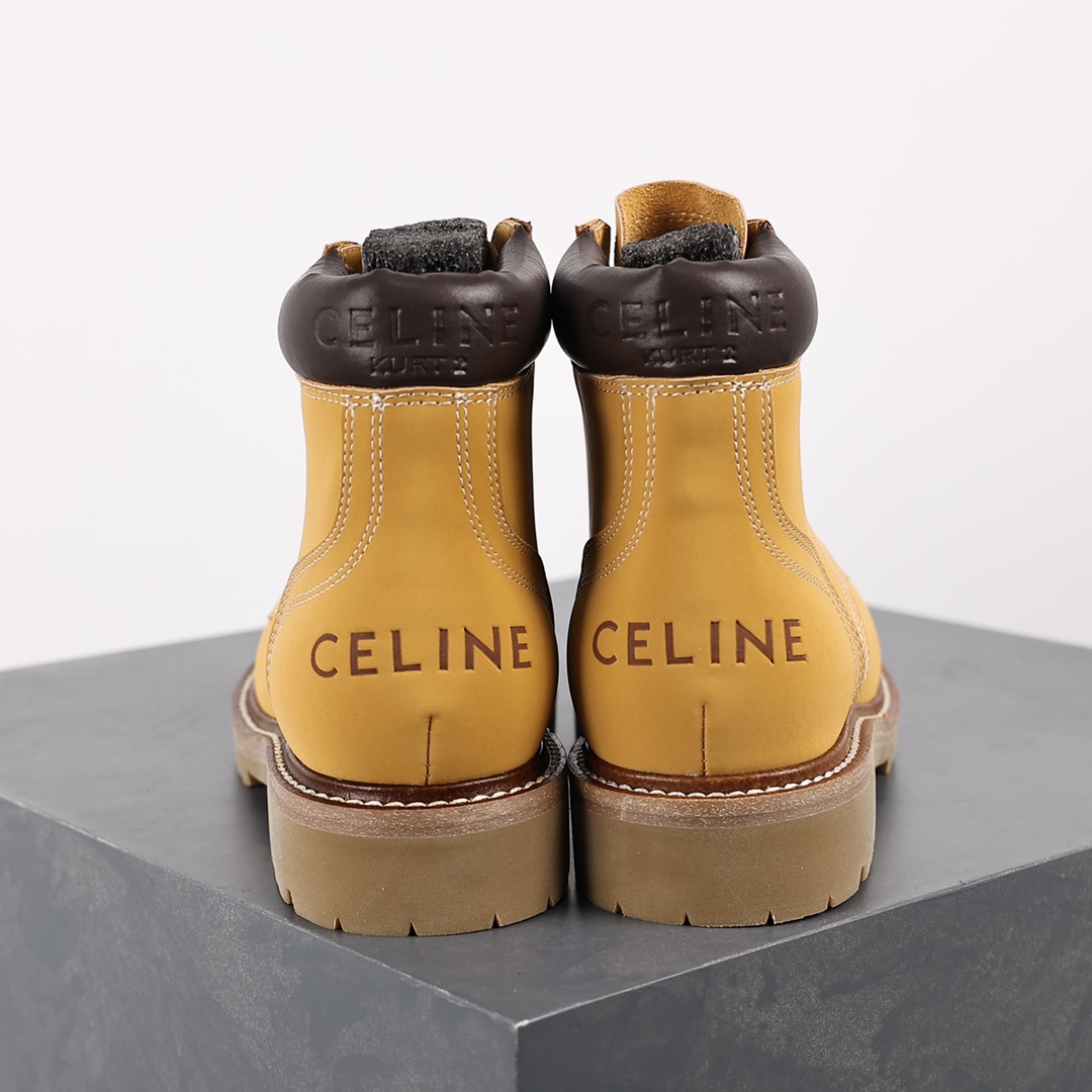 Celine Lace Up Boots ”Wheat” Celine versatile British style mid-tube motorcycle goddess military uniform Martin boots 2022 autumn and winter new products