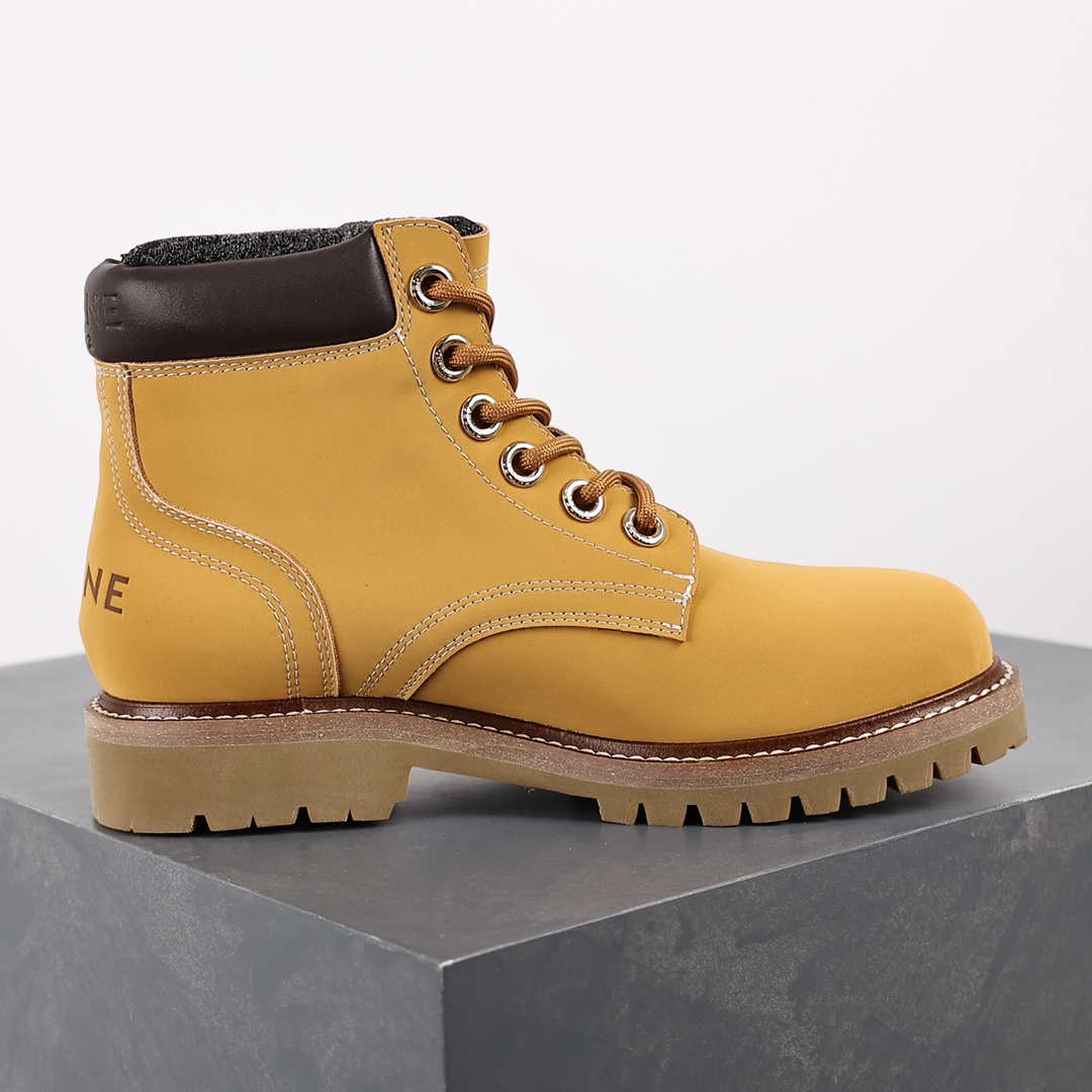 Celine Lace Up Boots ”Wheat” Celine versatile British style mid-tube motorcycle goddess military uniform Martin boots 2022 autumn and winter new products