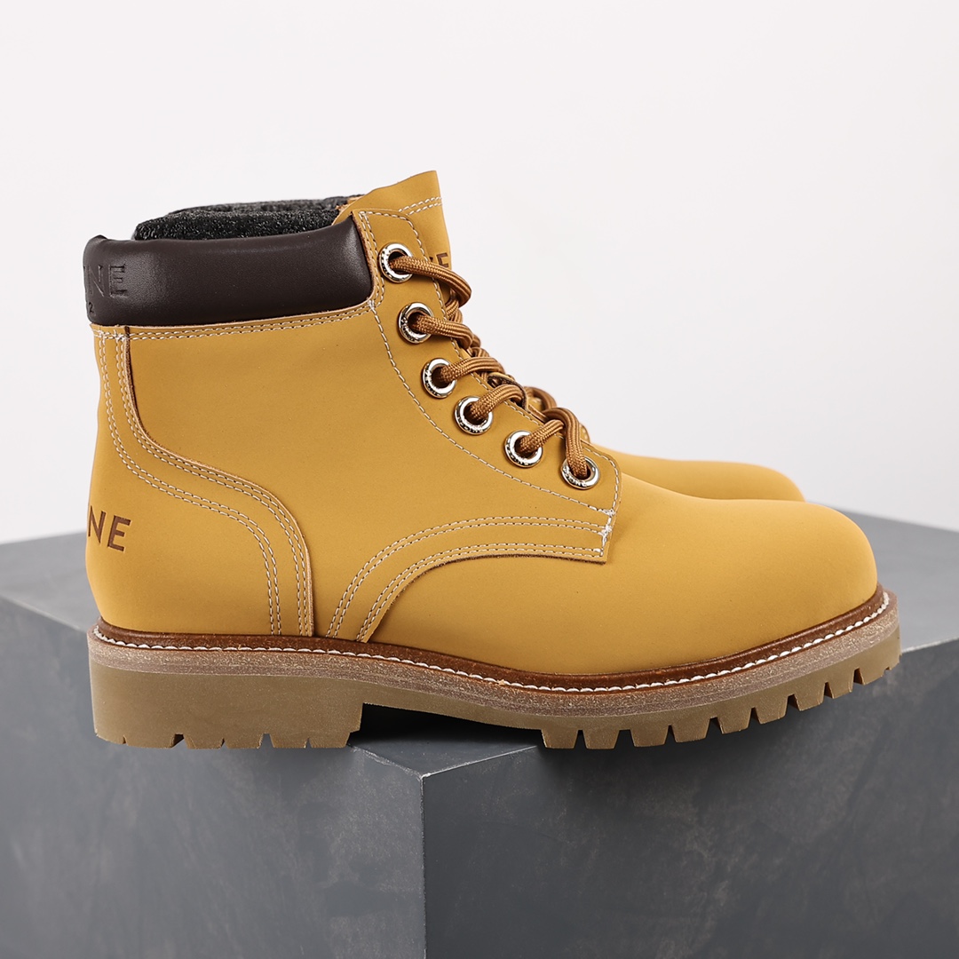 Celine Lace Up Boots ”Wheat” Celine versatile British style mid-tube motorcycle goddess military uniform Martin boots 2022 autumn and winter new products