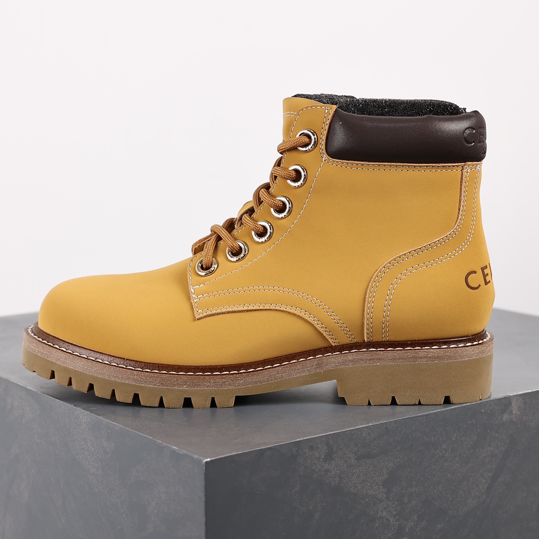 Celine Lace Up Boots ”Wheat” Celine versatile British style mid-tube motorcycle goddess military uniform Martin boots 2022 autumn and winter new products