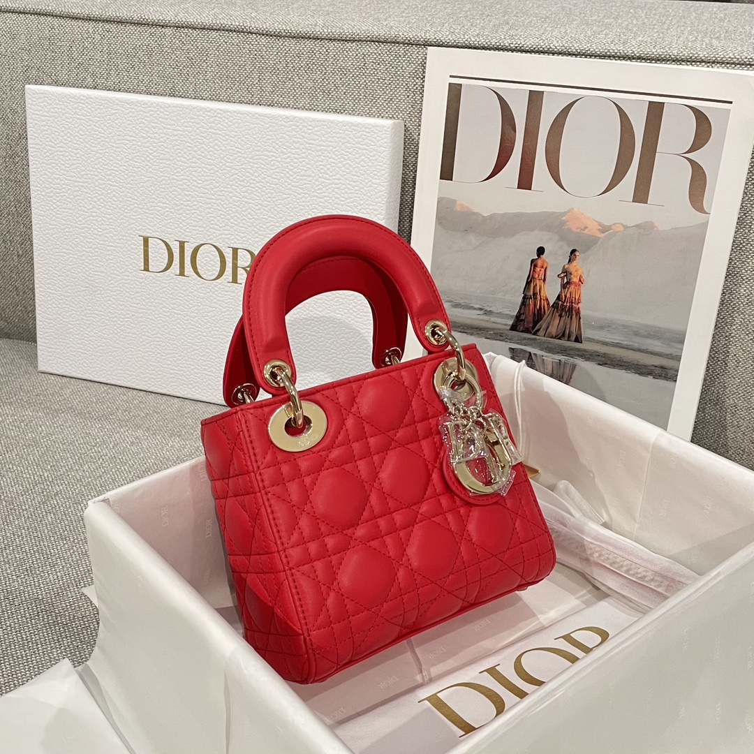 디올 Lady Dior 17cm 레드 양가죽 까나쥬 백 레플리카