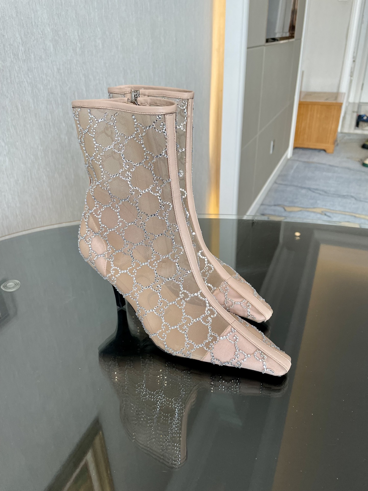 Bottines GUCCI à bandes rayées et élastique, nouvelle collection automne-hiver 2024, bottines à talon épais et semelle crantée, cuir de veau importé