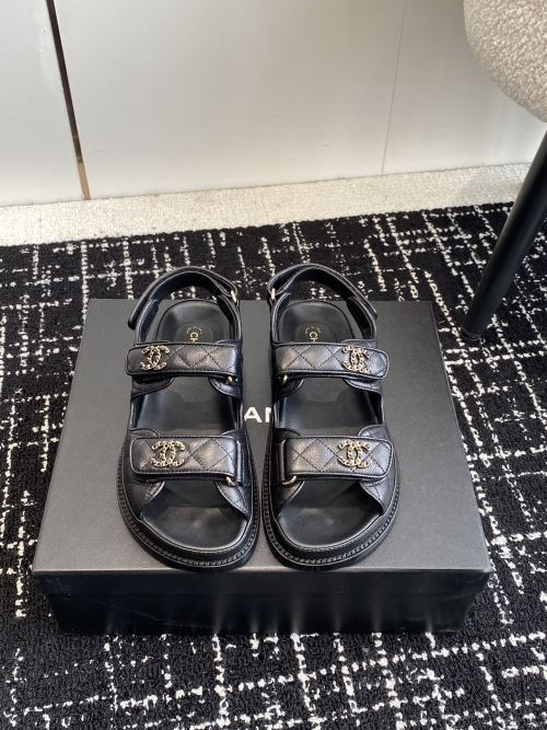 Chanel Women's Black Leather CC Logo Quilted Velcro Strap Sandals 1 Chanel Women's Black Leather CC Logo Quilted Velcro Strap Sandals