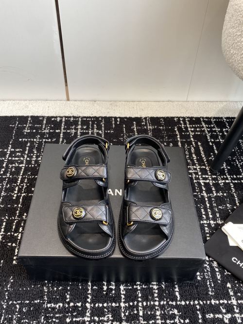 Chanel Women's Black Leather CC Logo Hook & Loop Strap Sandals 1 Chanel Women's Black Leather CC Logo Hook & Loop Strap Sandals
