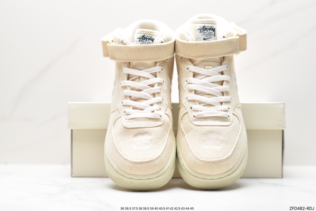 Stussy x Nk Air Force 1 Mid ”White Cool” White Linen Embroidery Hook DJ7841-200