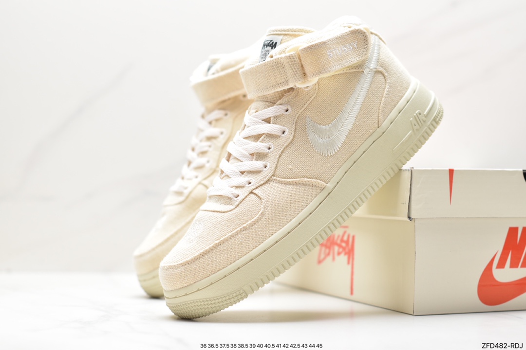 Stussy x Nk Air Force 1 Mid ”White Cool” White Linen Embroidery Hook DJ7841-200