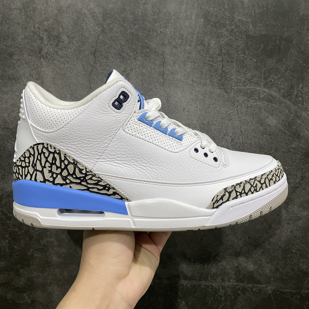 【莞产裁片版】Air Jordan AJ3 Retro \”Unc\” 北卡蓝纯原生产线出品毋庸置疑的顶级好货n原楦原纸板 一眼正品既视感原厂采购皮料 100%一致原版n鞋舌电绣发往原厂代工后回莆成型n细节均已解码 还原度高达98%货号：CT8532 104 尺码：40.5 41 42 42.5 43 44 44.5 45 46 47.5-莆田鞋批发中心