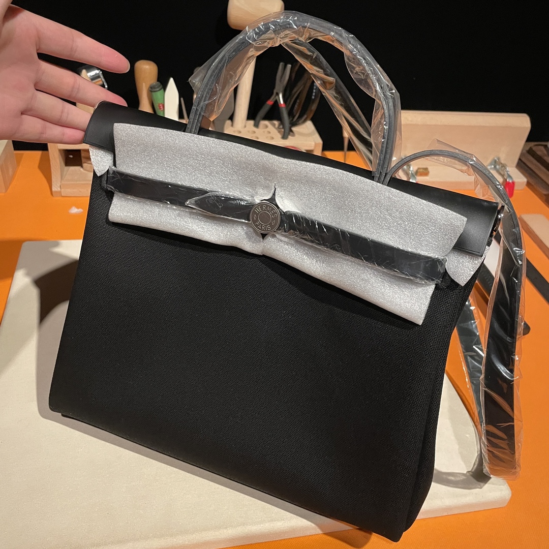 Hermès Herbag inseam 31cm canvas patchwork black silver buckle