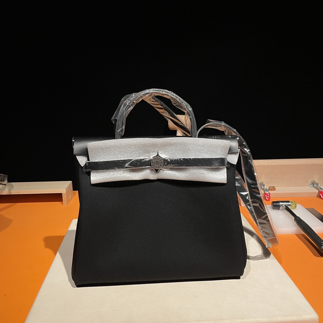 Hermès Herbag inseam 31cm canvas patchwork black silver buckle
