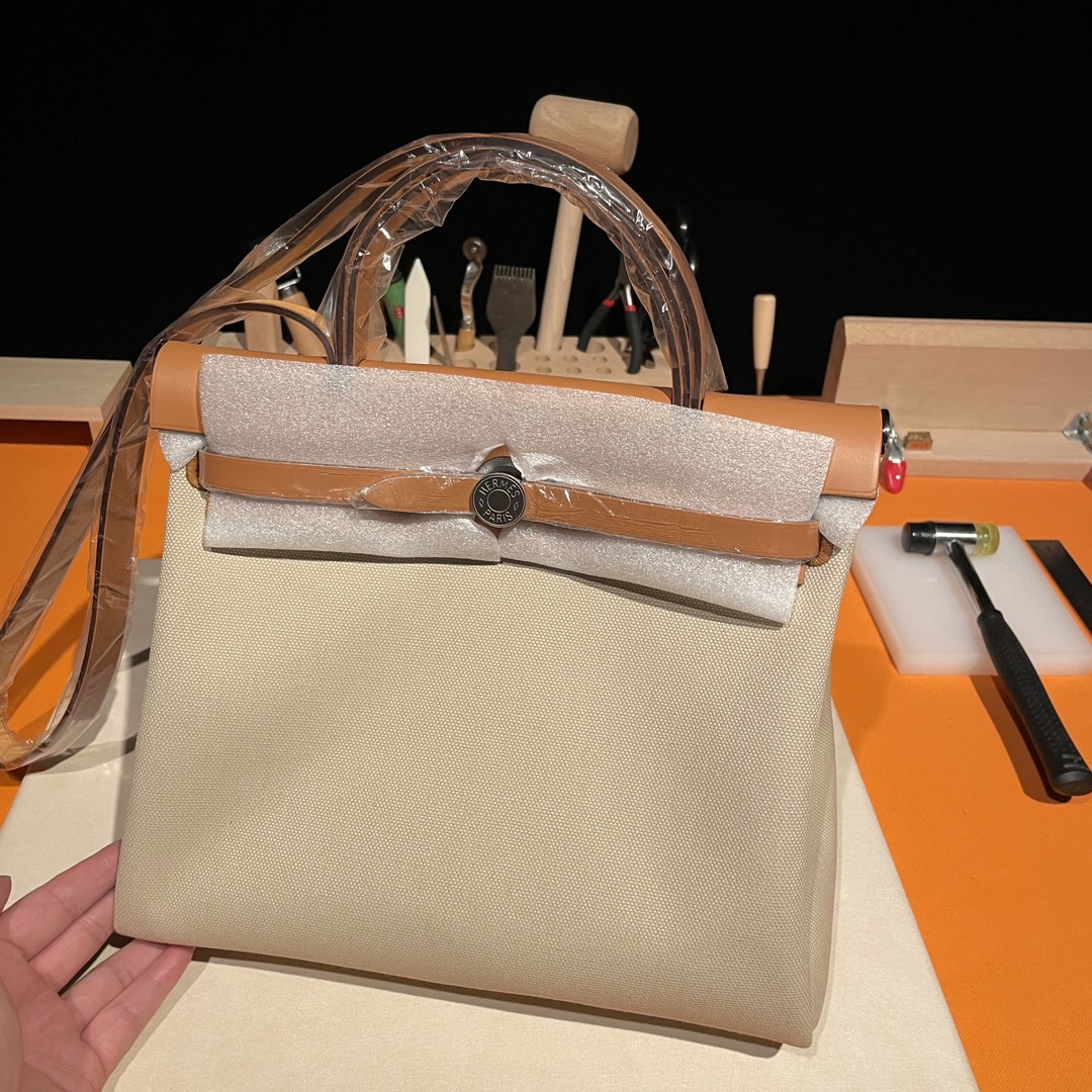 Hermès Herbag inseam 31 canvas and leather, glacier white and 34 original colors, silver buckle