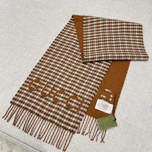 Gucci Reversible Plaid Wool Scarf, Beige/Brown, 35x200cm, with Gift Box