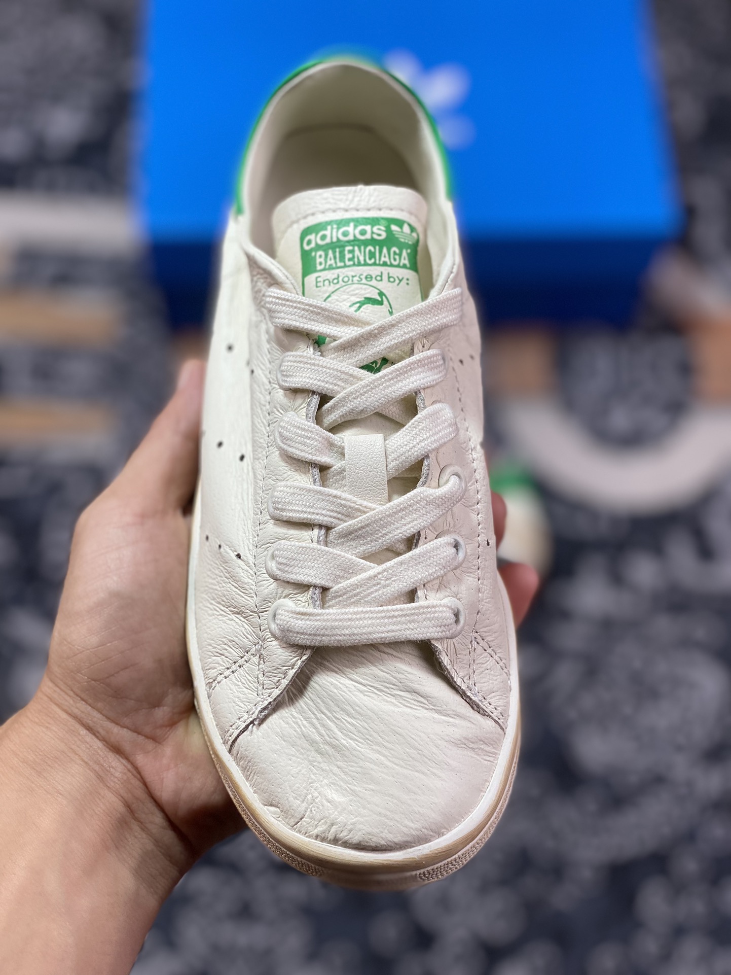 Balenciaga x Adidas Stan Smith Leather ”White Green” Smith sneakers ”Leather joint beige green distressed” 721836 WBDV4 9703