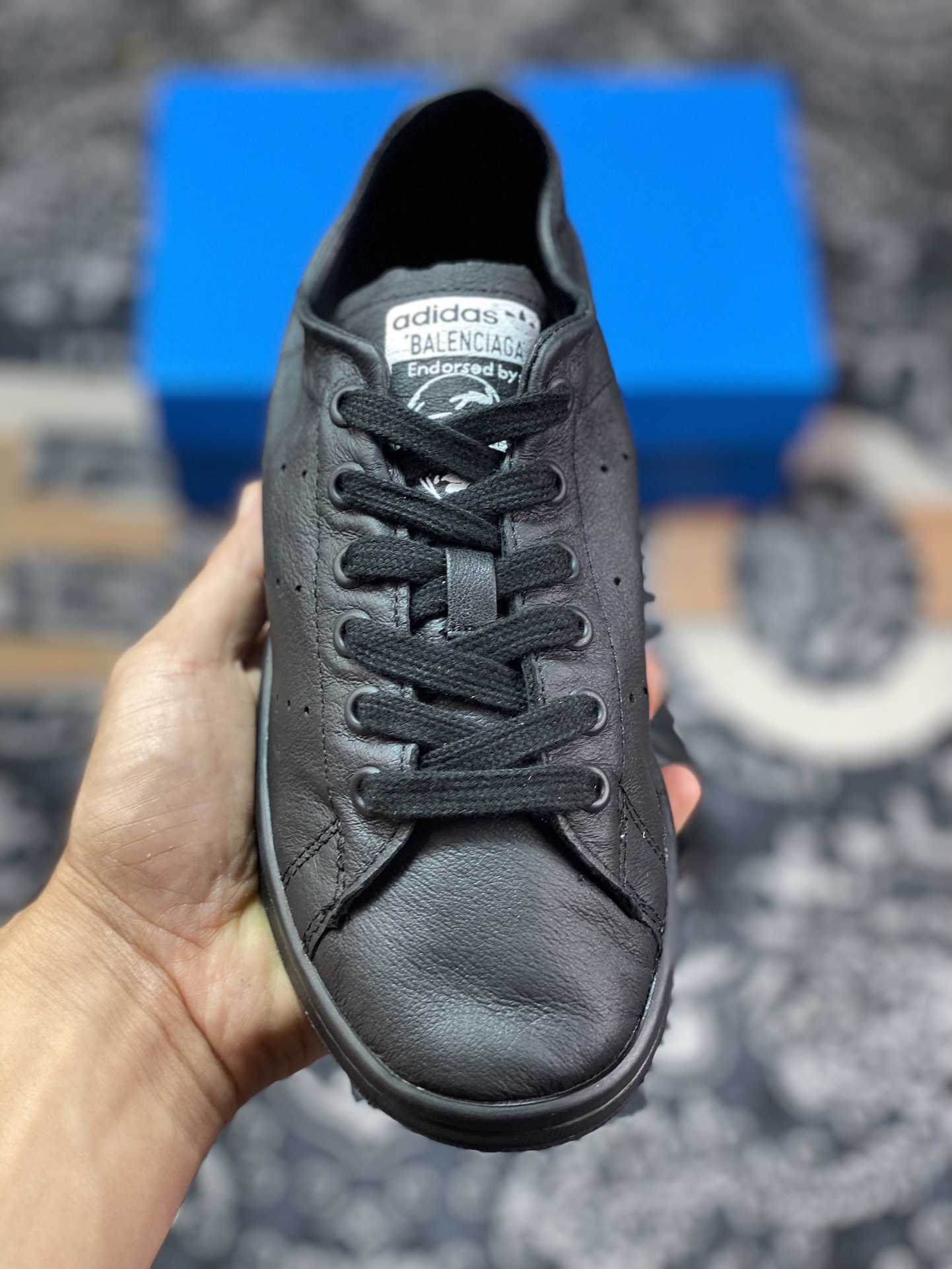 Balenciaga x Adidas Stan Smith Leather ”Triple Black” Smith old version series low-top sneakers ”Leather joint full black and white LOGO” 721836 WBDV3 1000