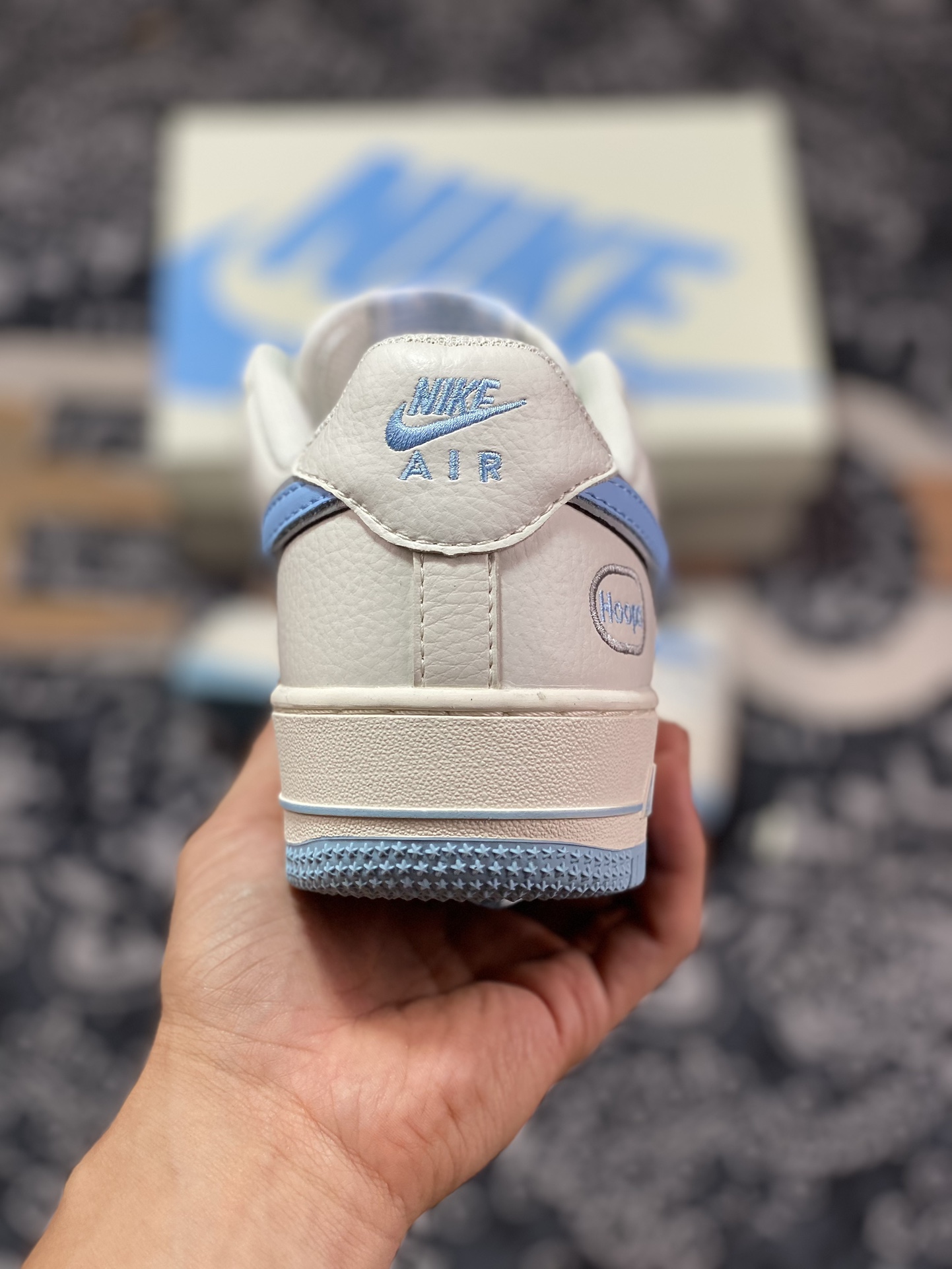 Nike Air Force 1'07 Low EMB ”Beige/Light Blue/Hoops/Mini Swoosh” Air Force One sneakers ”Off-white light blue Hoops embroidered small hook” HP2369-006