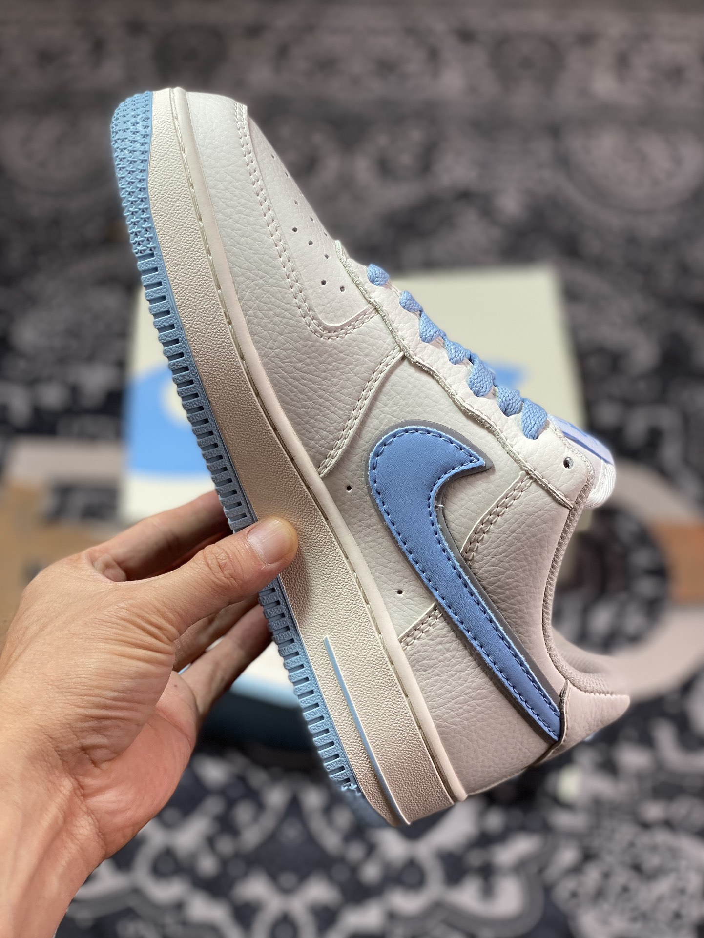 Nike Air Force 1'07 Low EMB ”Beige/Light Blue/Hoops/Mini Swoosh” Air Force One sneakers ”Off-white light blue Hoops embroidered small hook” HP2369-006