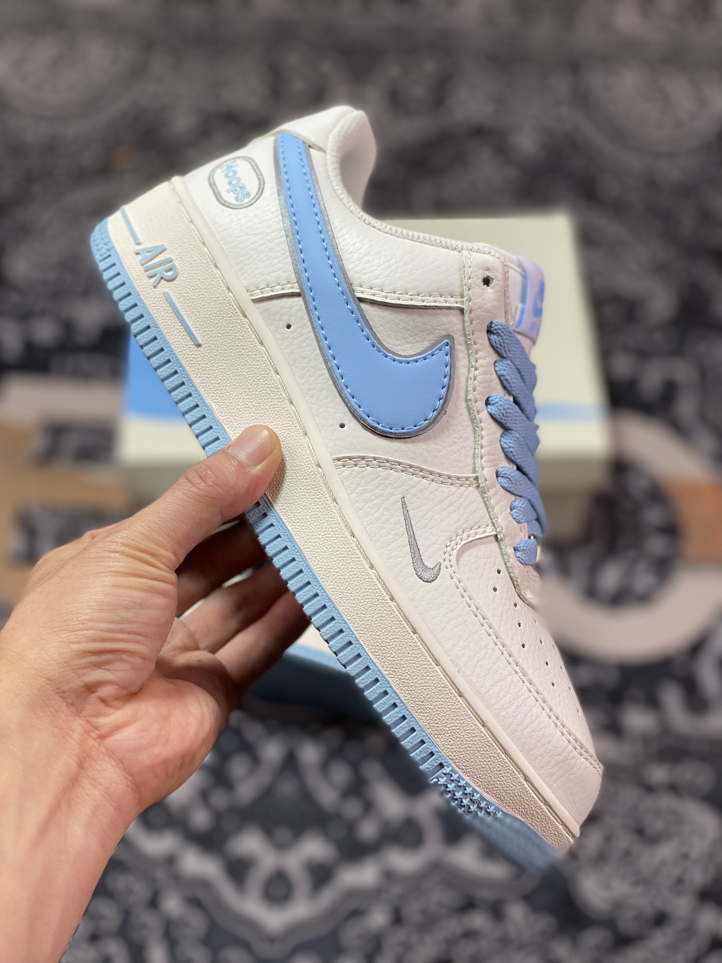 Nike Air Force 1'07 Low EMB ”Beige/Light Blue/Hoops/Mini Swoosh” Air Force One sneakers ”Off-white light blue Hoops embroidered small hook” HP2369-006