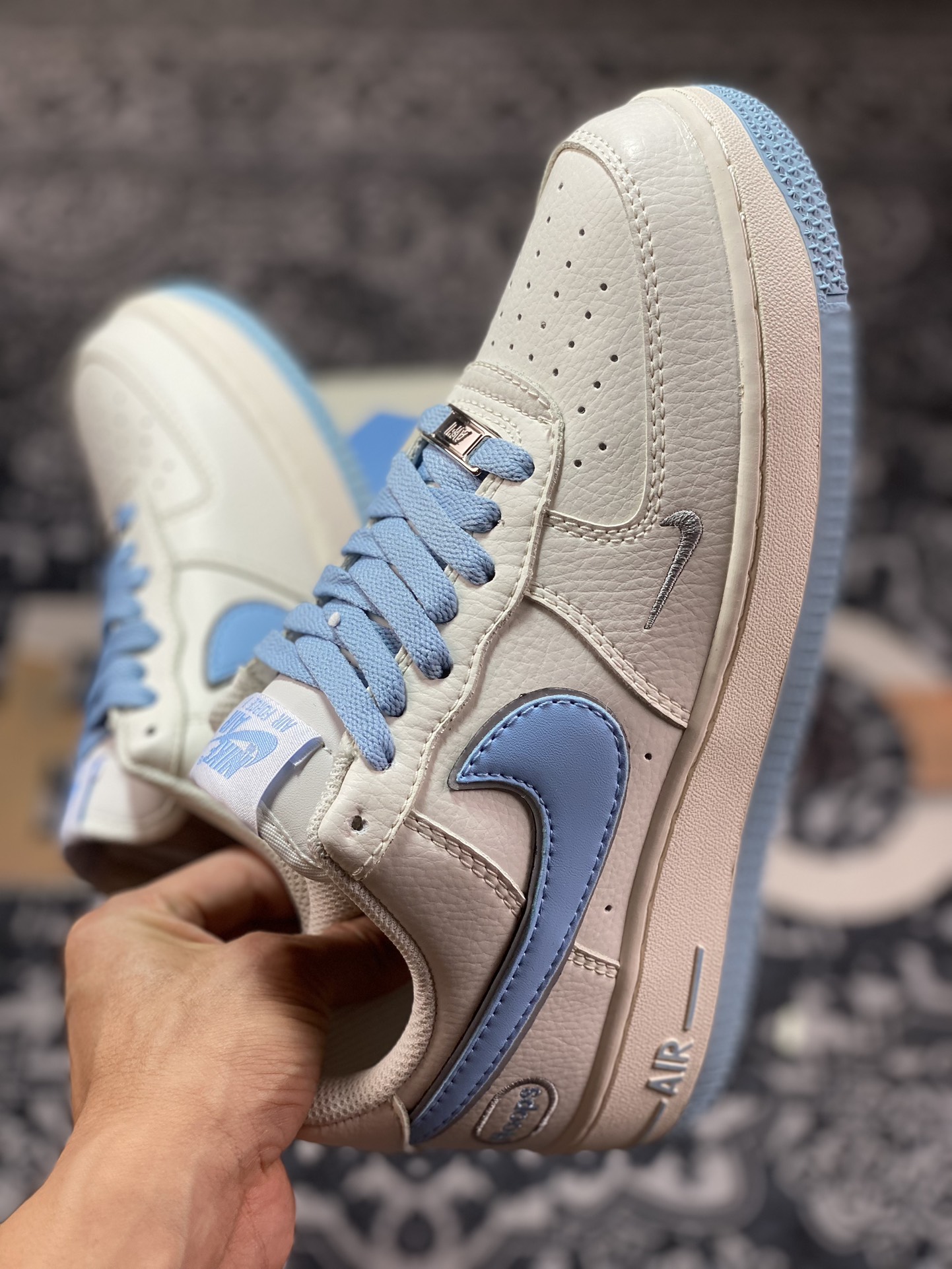 Nike Air Force 1'07 Low EMB ”Beige/Light Blue/Hoops/Mini Swoosh” Air Force One sneakers ”Off-white light blue Hoops embroidered small hook” HP2369-006