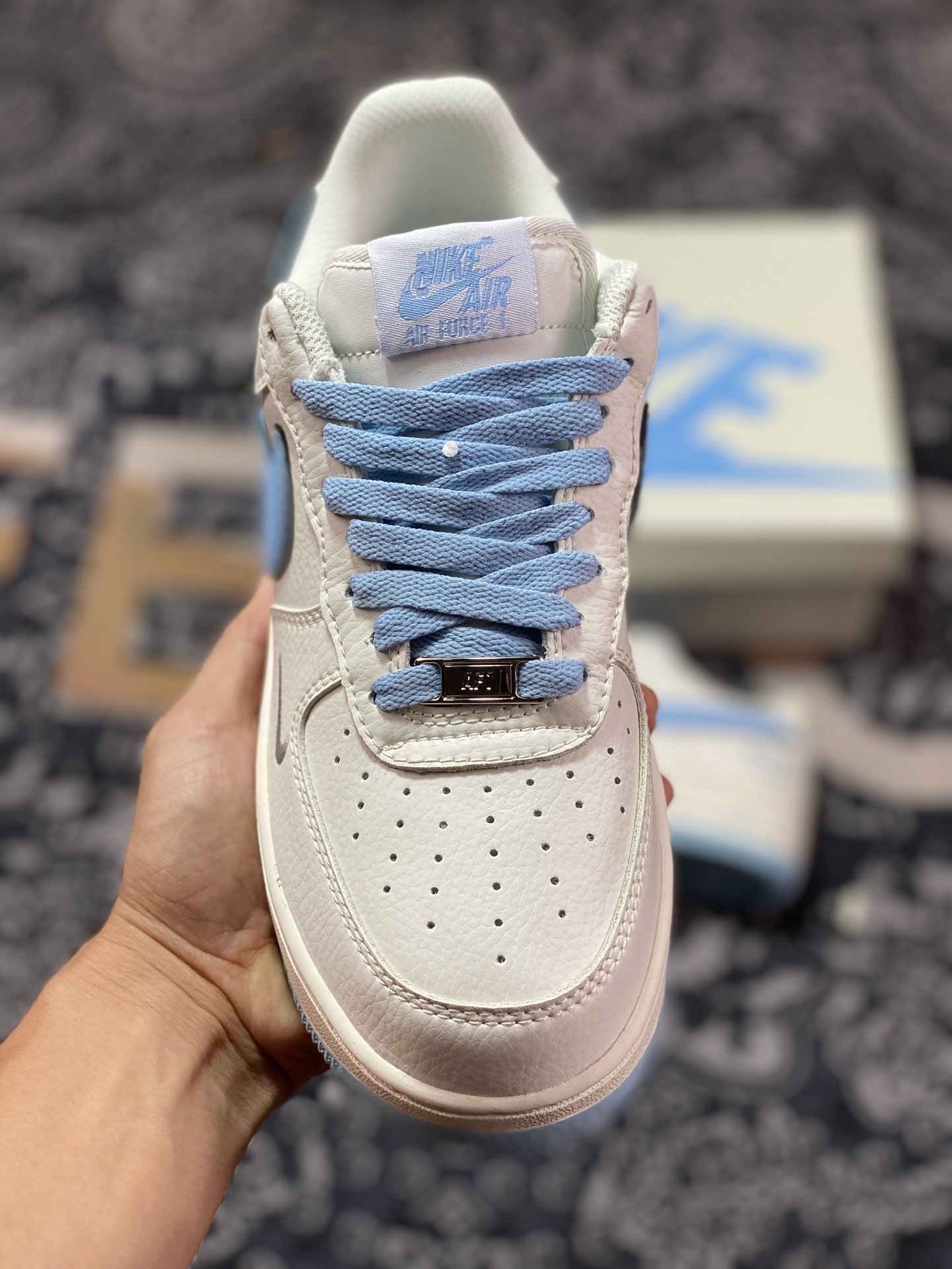 Nike Air Force 1'07 Low EMB ”Beige/Light Blue/Hoops/Mini Swoosh” Air Force One sneakers ”Off-white light blue Hoops embroidered small hook” HP2369-006