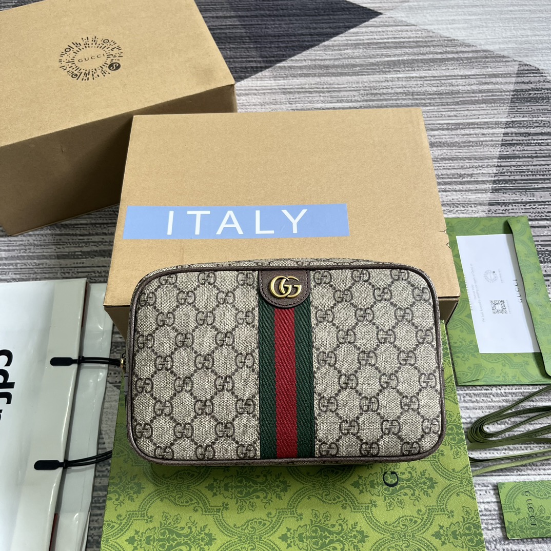 GUCCI Toiletry Bag GG Supreme Canvas Red-Green Web Double G Hardware