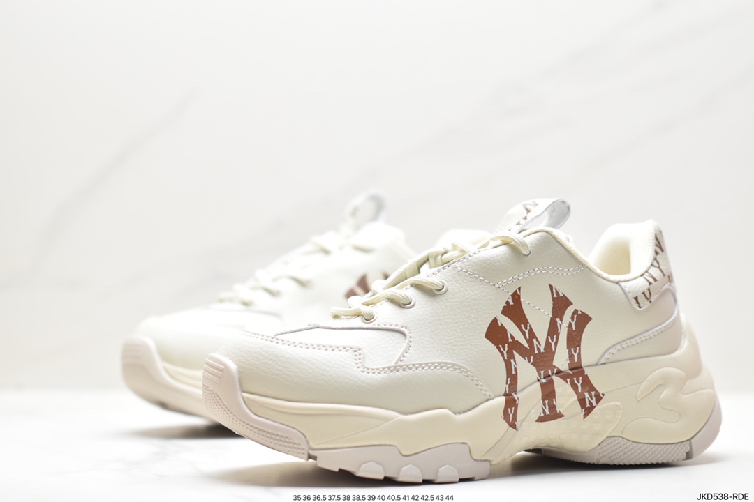 Korea Limited Release NY Yankees Limited x MLB Big Ball Chunky Mesh Thick-soled Daddy Series Low-top Jogging Shoes ”Mesh Ivory White Black NY Print” 3ASHBMN3N (GP006)