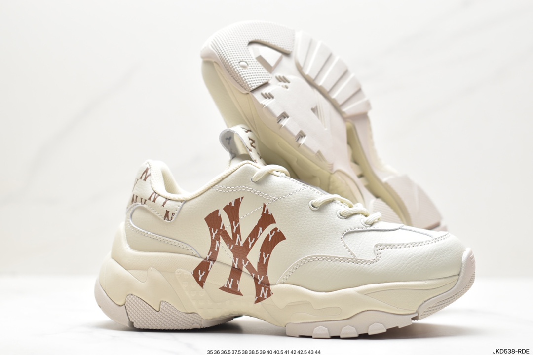 Korea Limited Release NY Yankees Limited x MLB Big Ball Chunky Mesh Thick-soled Daddy Series Low-top Jogging Shoes ”Mesh Ivory White Black NY Print” 3ASHBMN3N (GP006)