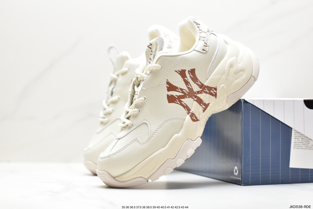 Korea Limited Release NY Yankees Limited x MLB Big Ball Chunky Mesh Thick-soled Daddy Series Low-top Jogging Shoes ”Mesh Ivory White Black NY Print” 3ASHBMN3N (GP006)