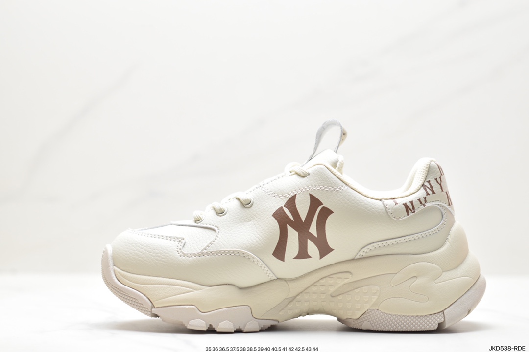 Korea Limited Release NY Yankees Limited x MLB Big Ball Chunky Mesh Thick-soled Daddy Series Low-top Jogging Shoes ”Mesh Ivory White Black NY Print” 3ASHBMN3N (GP006)