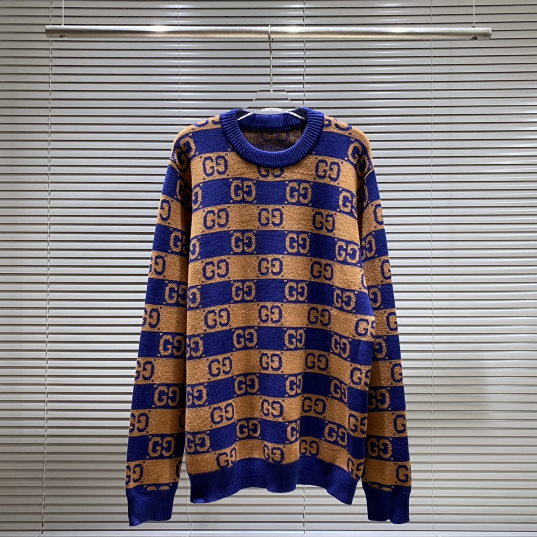 Suéter de cuello redondo de punto jacquard con rayas azul y marrón y doble G GU Gujia, color: marrón, tallas: S M L XL …