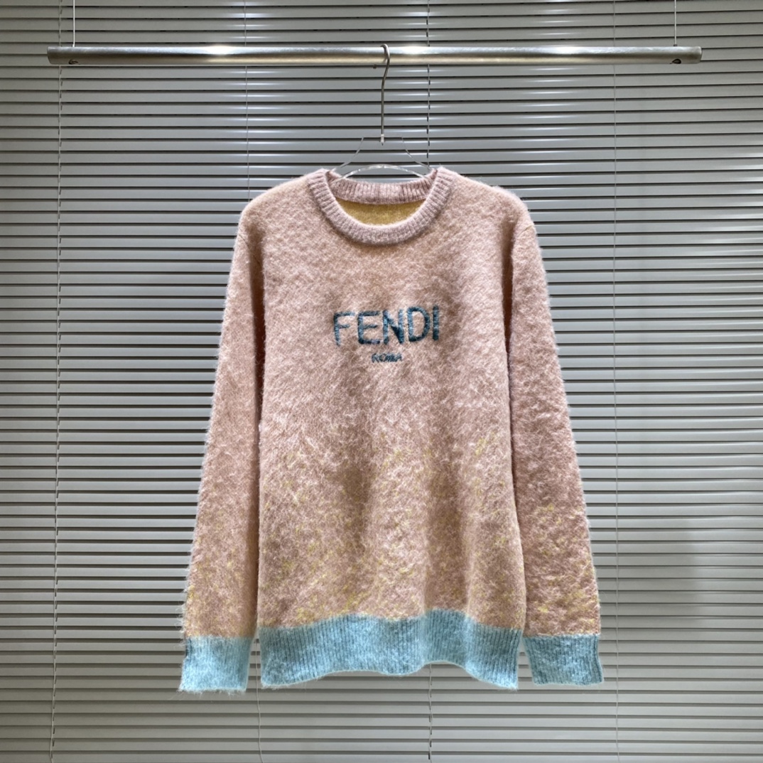Suéter de cuello redondo de mohair degradado con logo bordado de letras FD Fendi, colores: rosa, tallas: S M L XL XXL