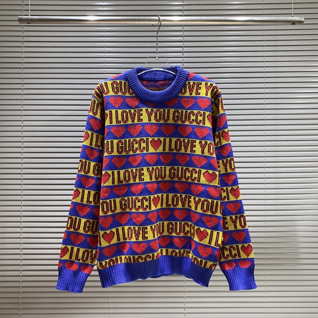 GU Suéter de cuello redondo con jacquard de rayas y 'iloveyou', color: azul, tallas: S M L XL XXL