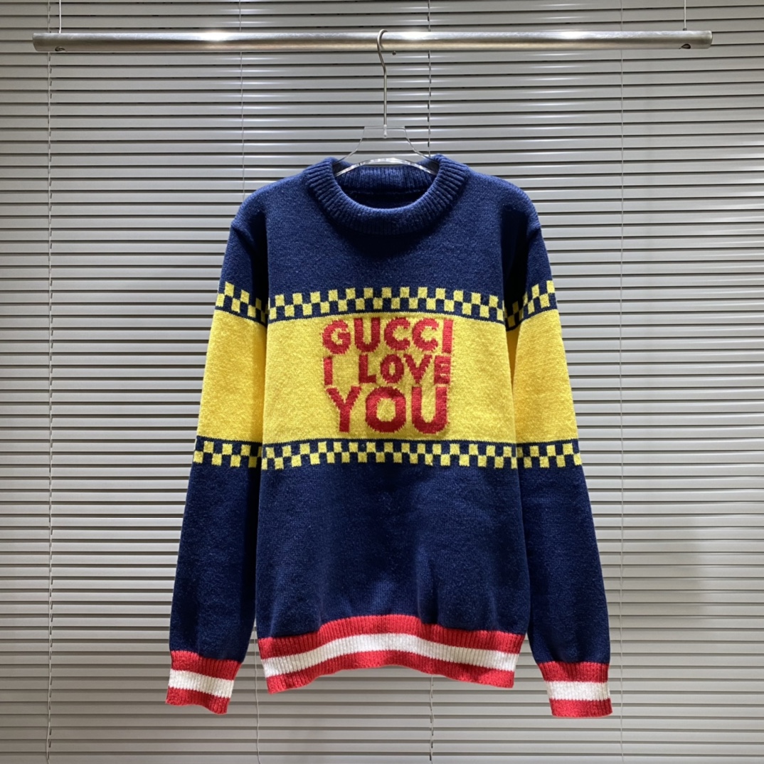 Suéter de cuello redondo de punto jacquard amarillo con patrón de cuadros y 'iloveyou' GU Gujia, color: azul, tallas: S…