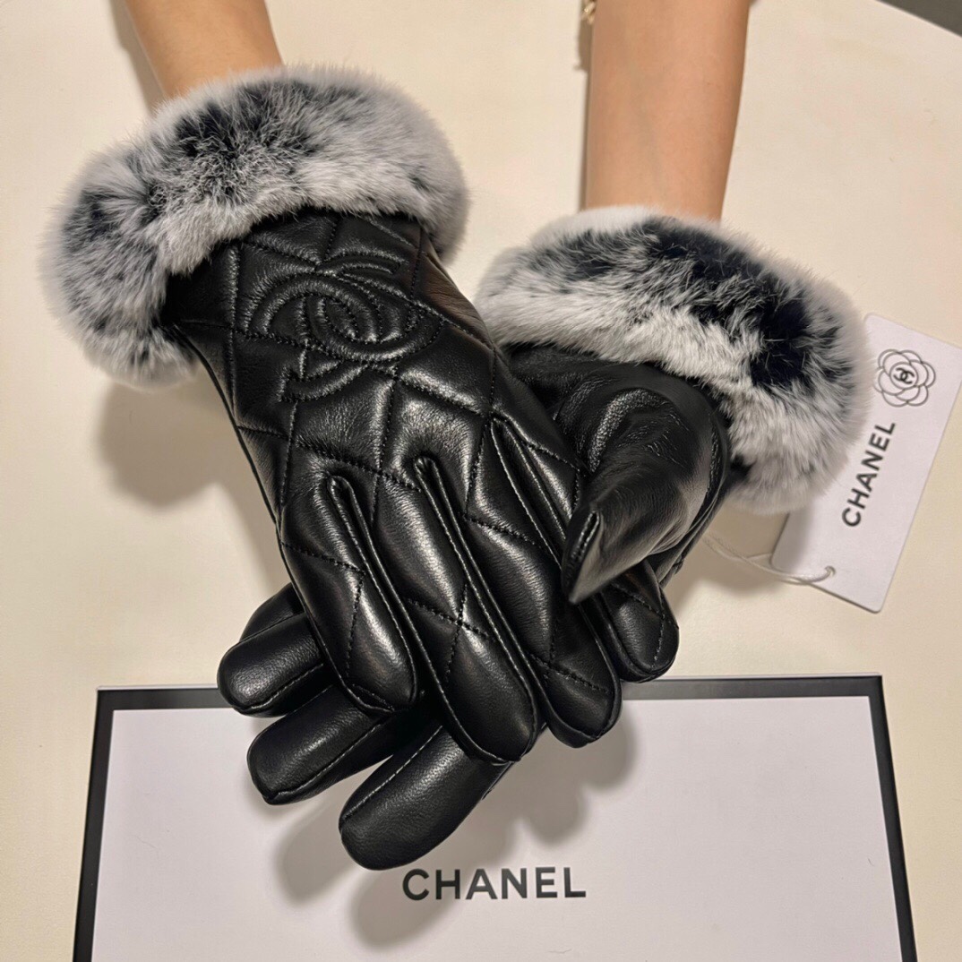 Chanel香奈儿2023秋冬懒兔毛羊皮手套手机触屏值得对比同款不同品质秒杀市场差产品进口一级羊皮懒兔毛