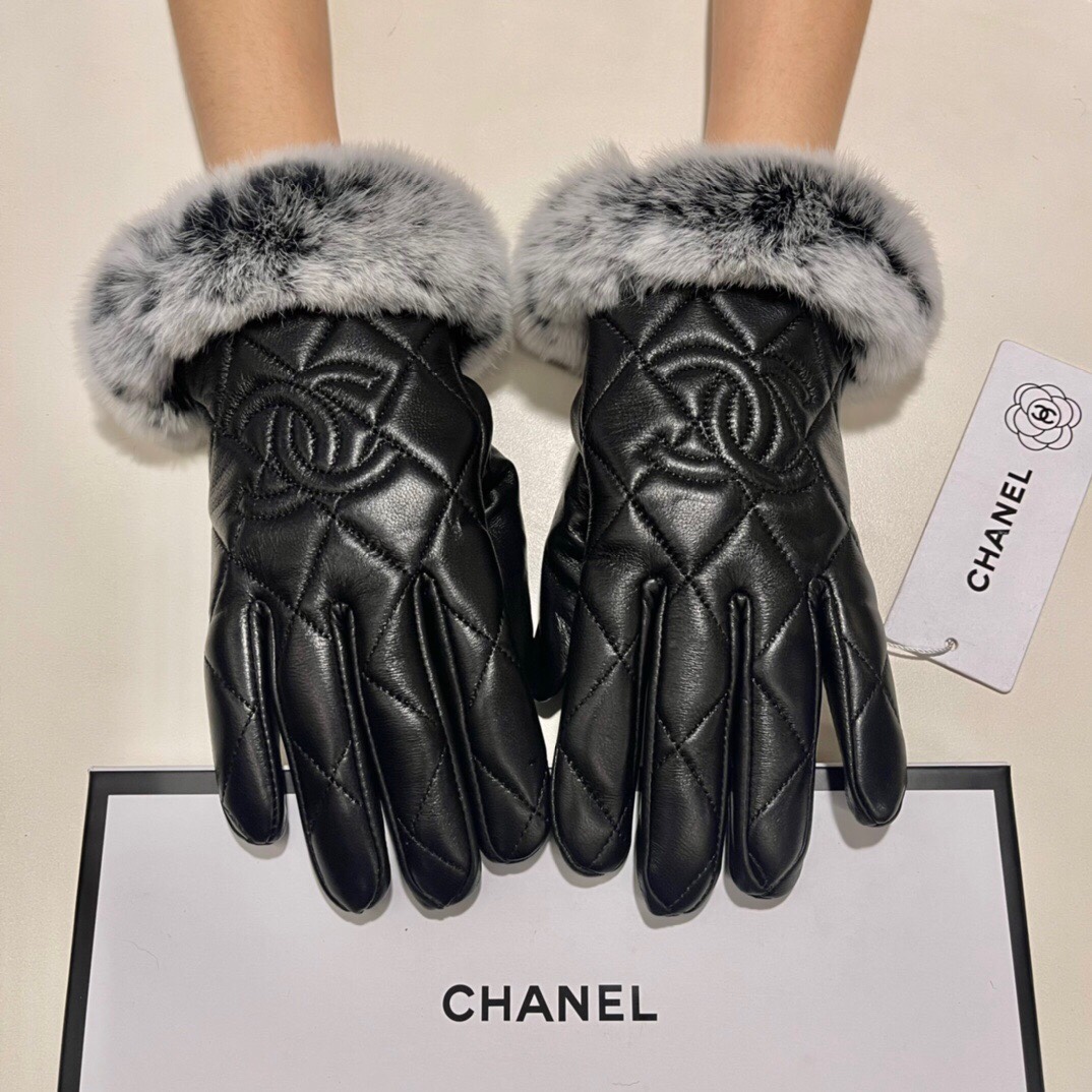 Chanel香奈儿2023秋冬懒兔毛羊皮手套手机触屏值得对比同款不同品质秒杀市场差产品进口一级羊皮懒兔毛