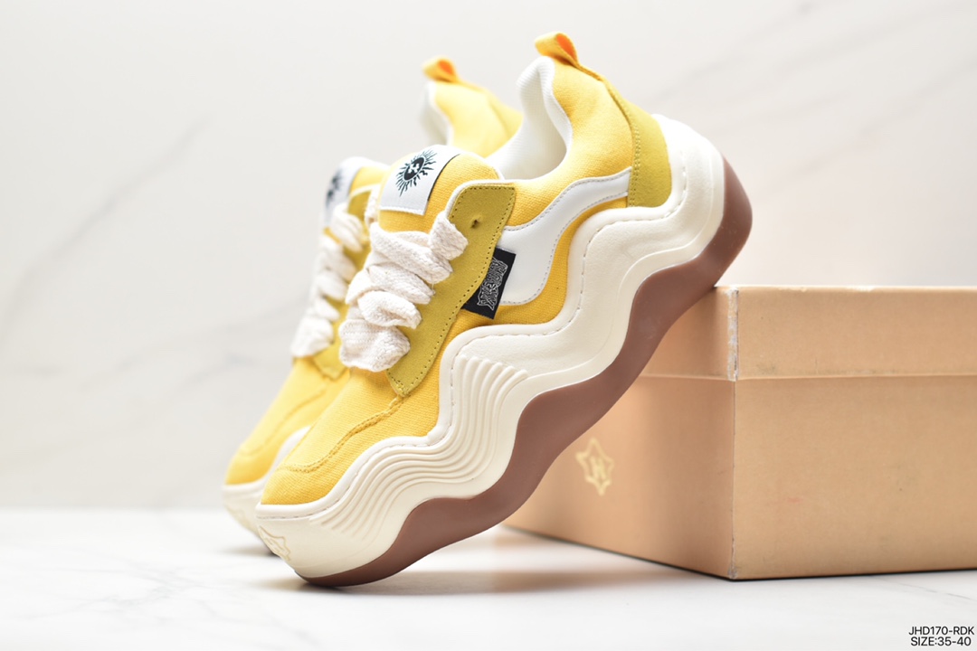 Heyday Triple Wavy Low Big Wave Series Low-top Thick-soled Daddy Style Thick-cut Bread Canvas Sneakers ”Canvas Old Yellow and White Wave” HD22X04Y