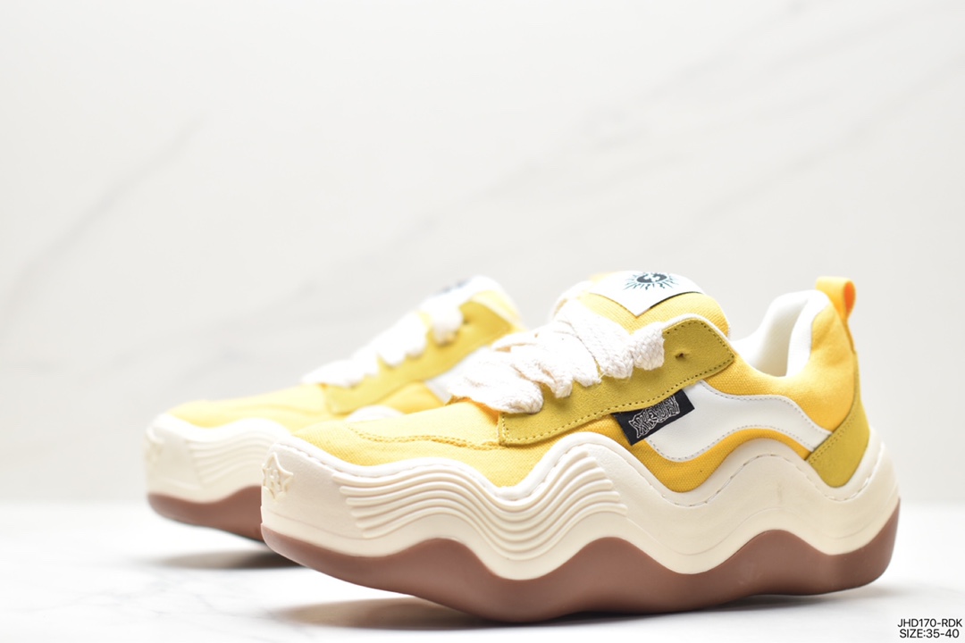 Heyday Triple Wavy Low Big Wave Series Low-top Thick-soled Daddy Style Thick-cut Bread Canvas Sneakers ”Canvas Old Yellow and White Wave” HD22X04Y