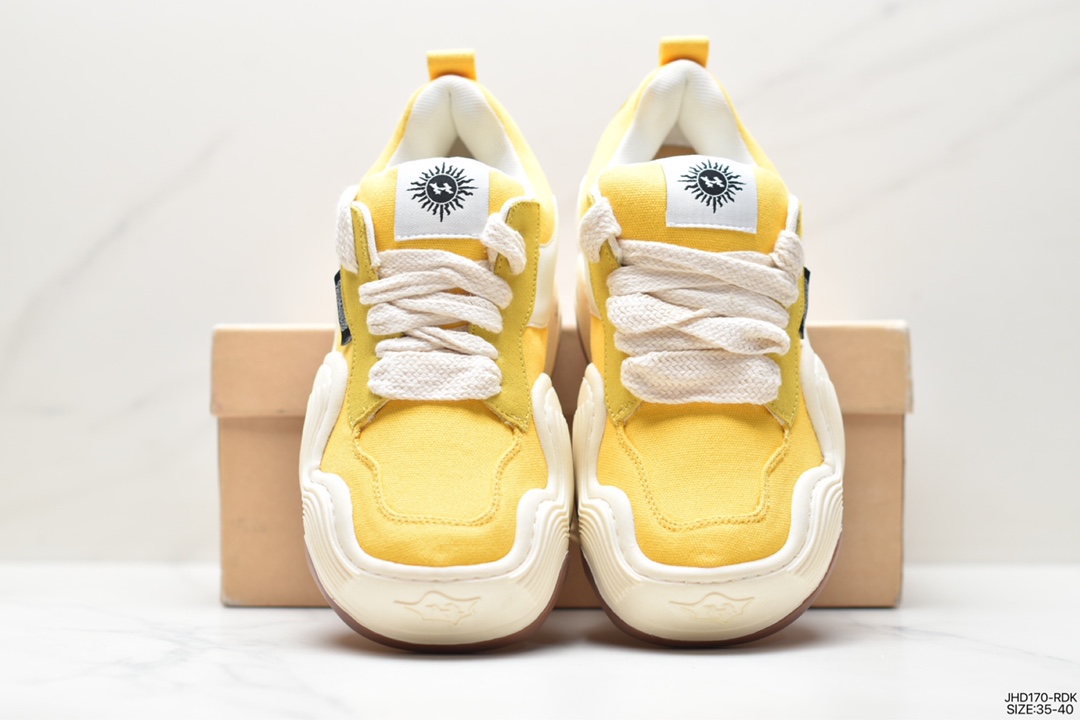 Heyday Triple Wavy Low Big Wave Series Low-top Thick-soled Daddy Style Thick-cut Bread Canvas Sneakers ”Canvas Old Yellow and White Wave” HD22X04Y