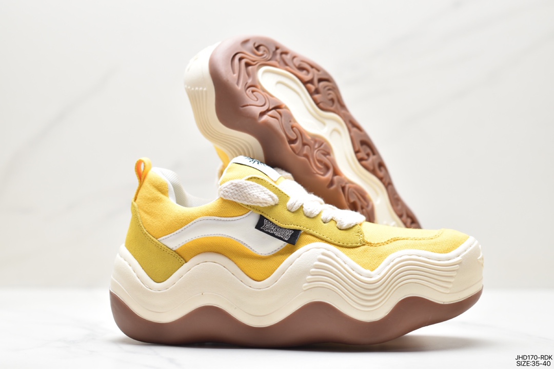 Heyday Triple Wavy Low Big Wave Series Low-top Thick-soled Daddy Style Thick-cut Bread Canvas Sneakers ”Canvas Old Yellow and White Wave” HD22X04Y