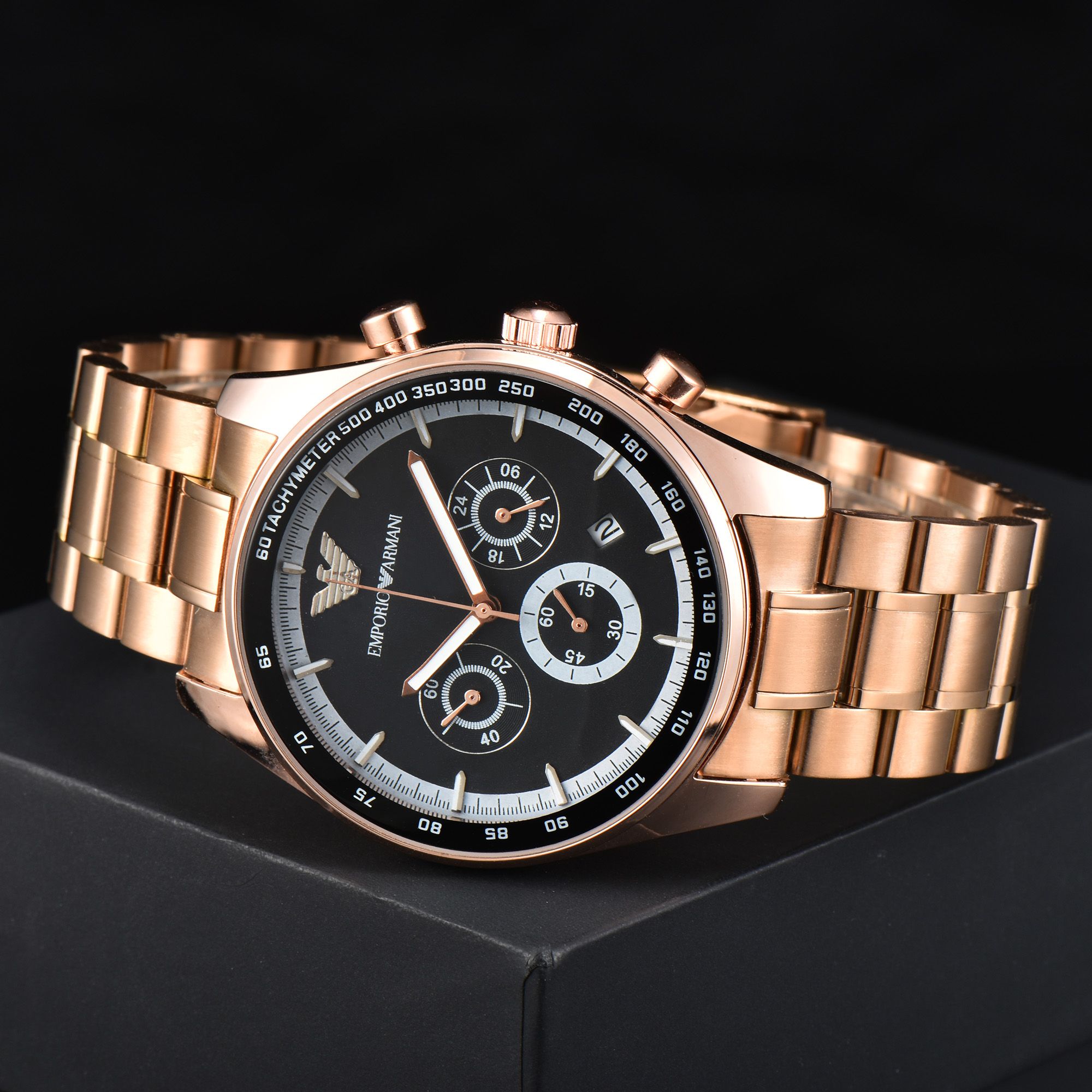 Armani Amani Triple-Eye Wristwatch: Quartz Core, Solid Steel, 43mm Size, Business Style