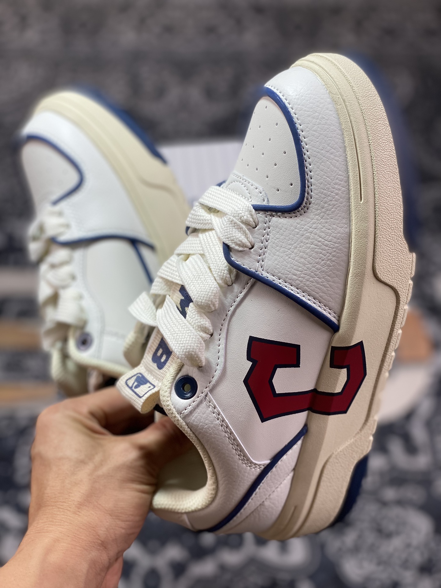 Cleveland Guardians x MLB Chunky Liner Low Senior Shoes Series Low-top Daddy Sneakers ”Leather Beige Dark Blue Red C Print” 3ASXCLB3N-GP028