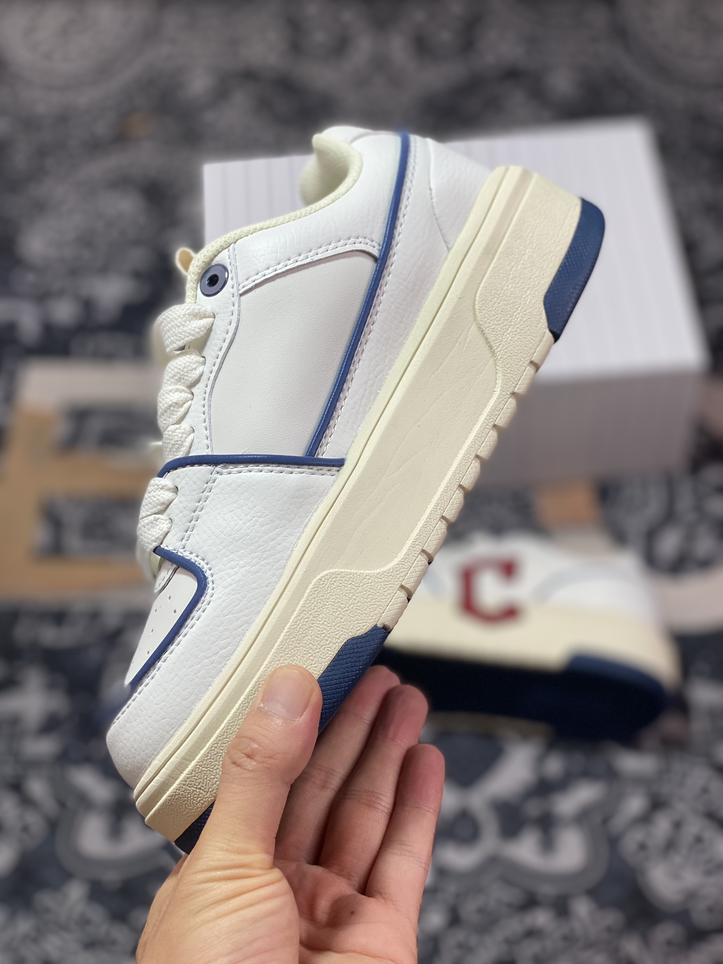 Cleveland Guardians x MLB Chunky Liner Low Senior Shoes Series Low-top Daddy Sneakers ”Leather Beige Dark Blue Red C Print” 3ASXCLB3N-GP028