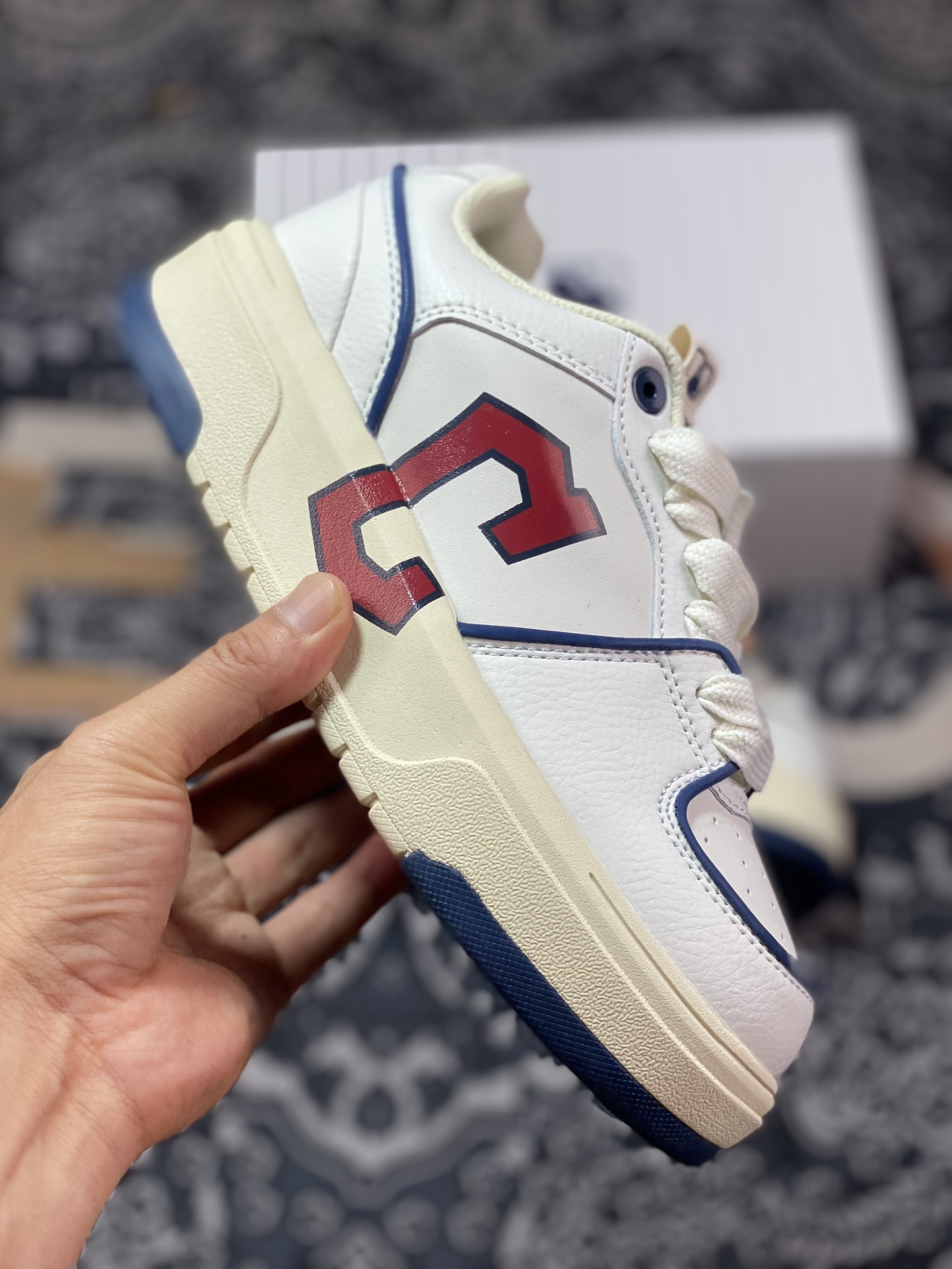 Cleveland Guardians x MLB Chunky Liner Low Senior Shoes Series Low-top Daddy Sneakers ”Leather Beige Dark Blue Red C Print” 3ASXCLB3N-GP028