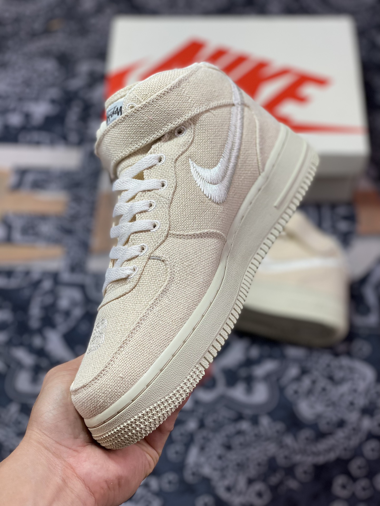 Stussy x Nike Air Force 1 '07 Mid ”Fossil Beige” Air Force One Sneakers ”Cream Yellow White Black Linen Embroidered Hook” DJ7841-200