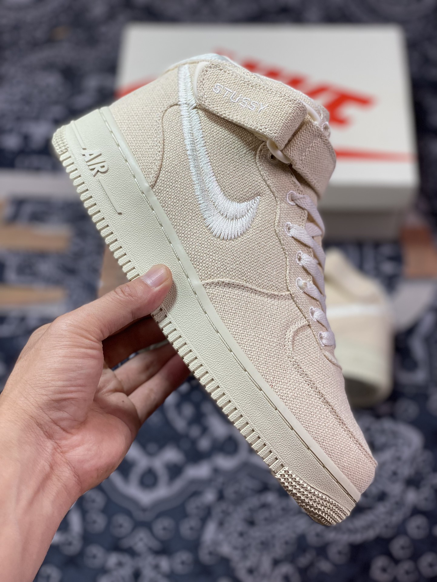 Stussy x Nike Air Force 1 '07 Mid ”Fossil Beige” Air Force One Sneakers ”Cream Yellow White Black Linen Embroidered Hook” DJ7841-200