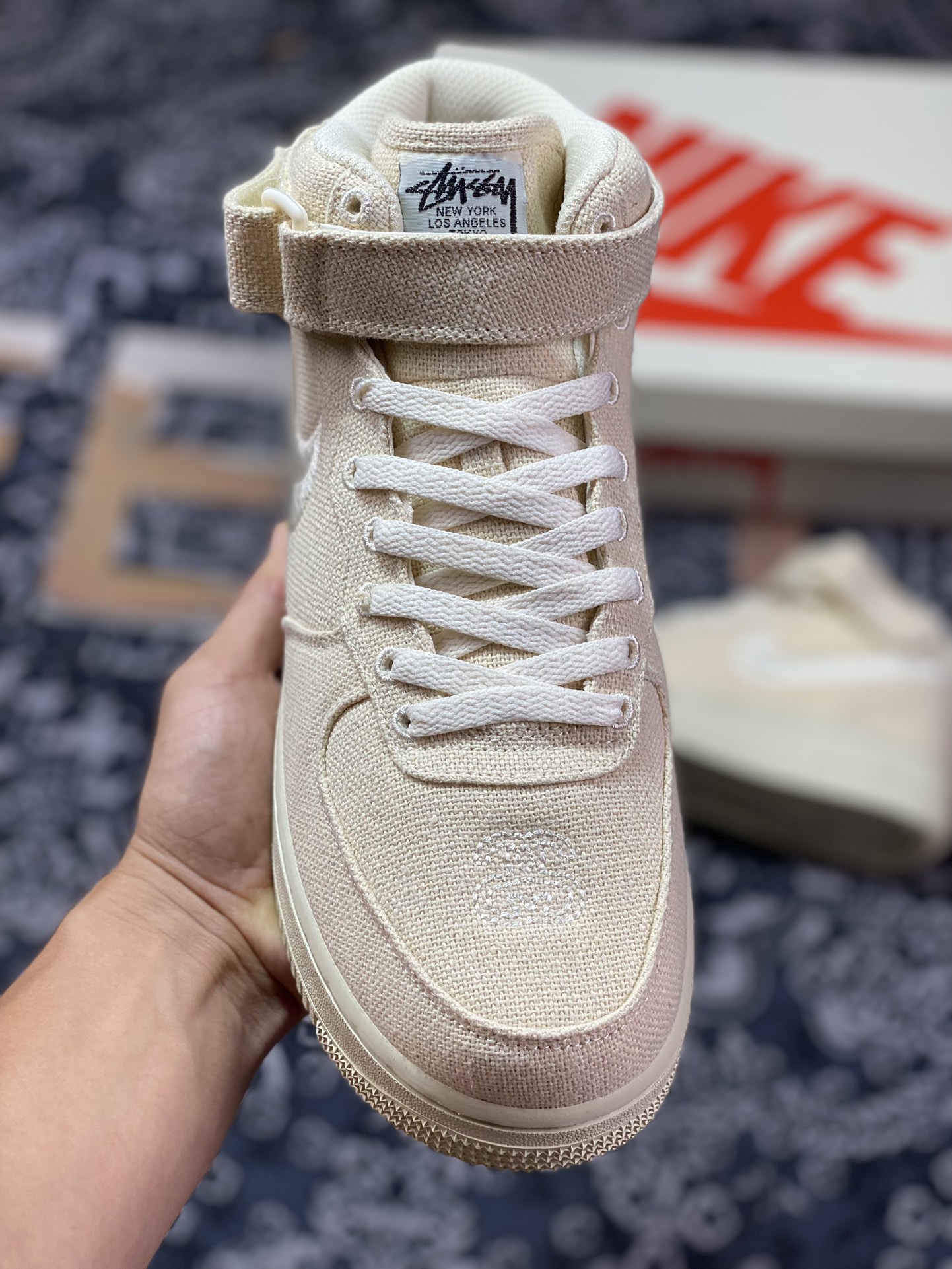 Stussy x Nike Air Force 1 '07 Mid ”Fossil Beige” Air Force One Sneakers ”Cream Yellow White Black Linen Embroidered Hook” DJ7841-200