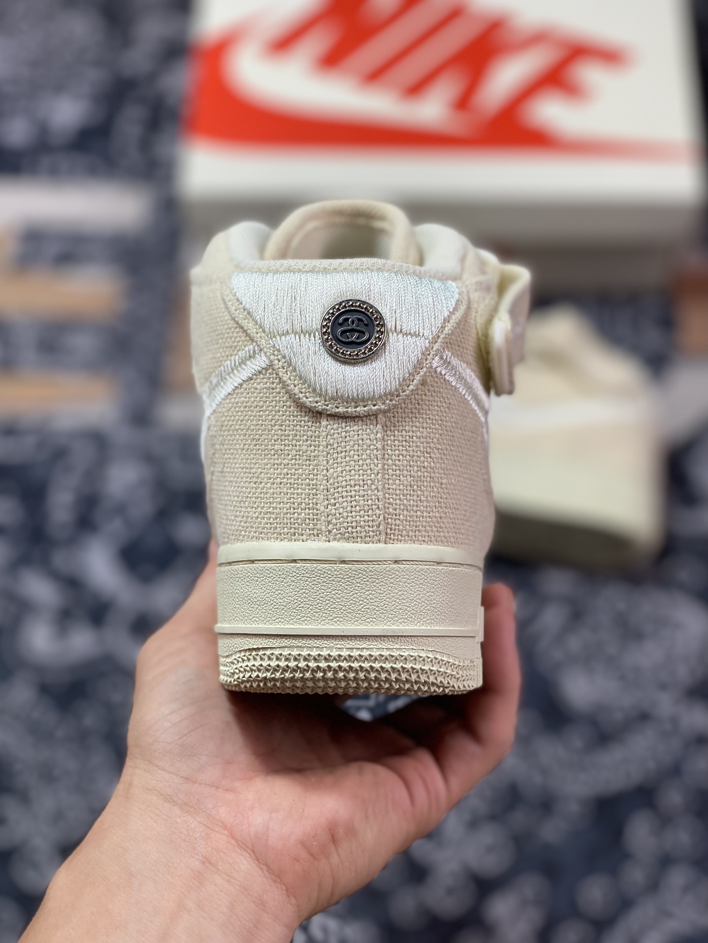 Stussy x Nike Air Force 1 '07 Mid ”Fossil Beige” Air Force One Sneakers ”Cream Yellow White Black Linen Embroidered Hook” DJ7841-200