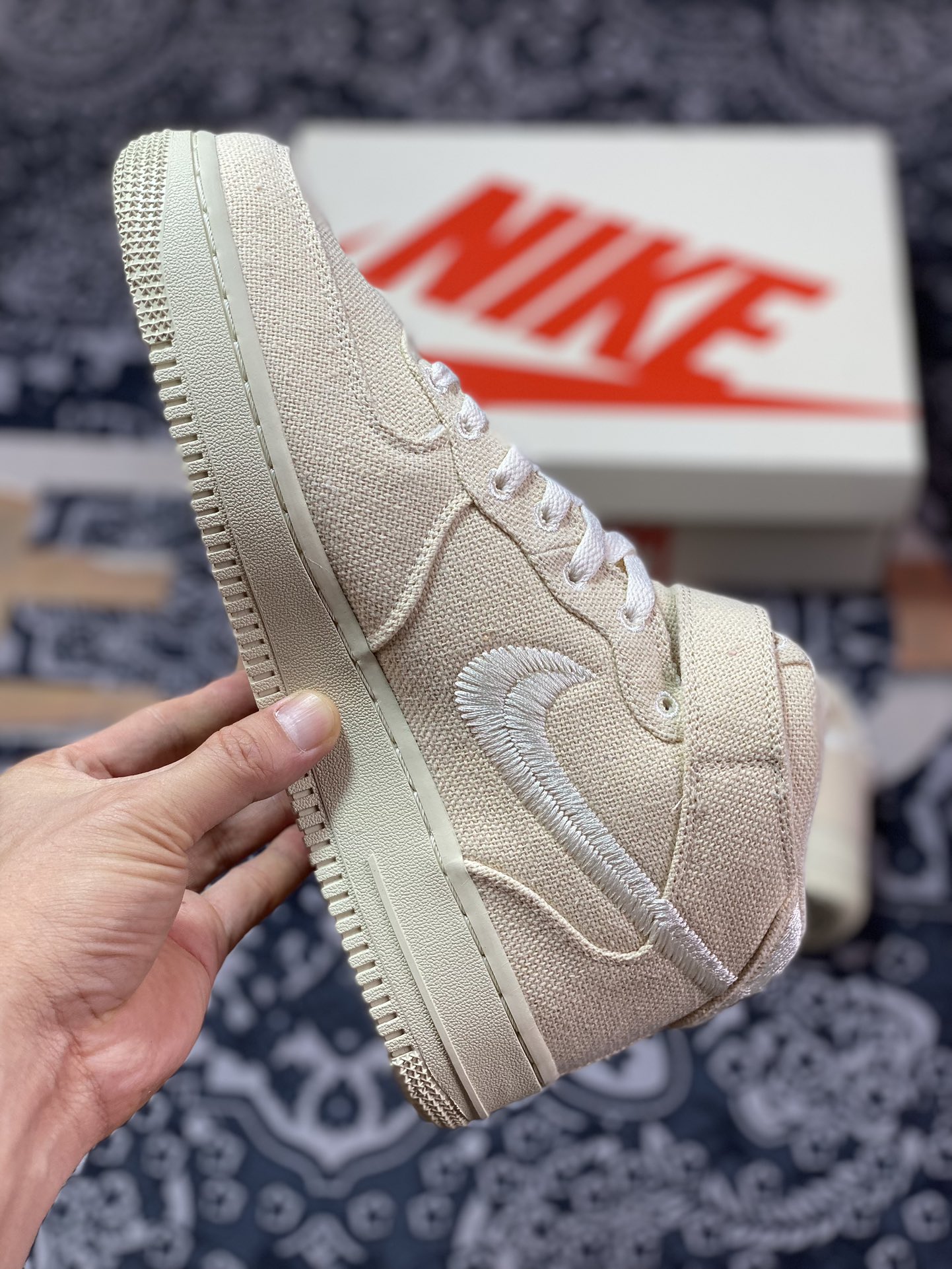 Stussy x Nike Air Force 1 '07 Mid ”Fossil Beige” Air Force One Sneakers ”Cream Yellow White Black Linen Embroidered Hook” DJ7841-200