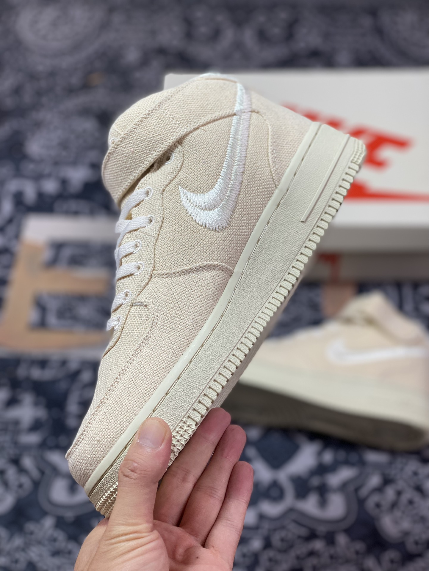 Stussy x Nike Air Force 1 '07 Mid ”Fossil Beige” Air Force One Sneakers ”Cream Yellow White Black Linen Embroidered Hook” DJ7841-200