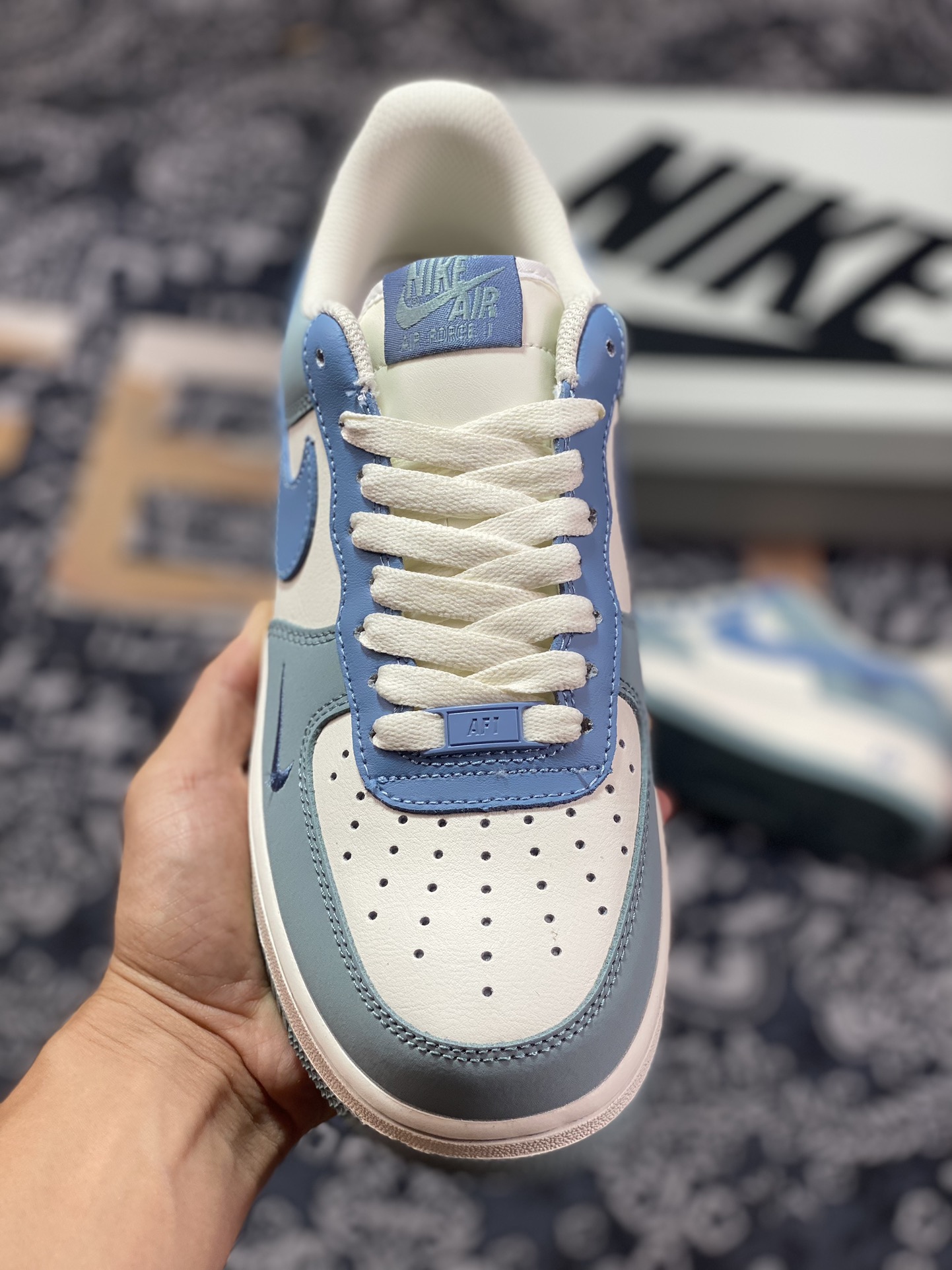 Nike Air Force 1 '07 Low QS ”Sail White/Blue Swoosh” Air Force One classic low-top sneakers ”Leather Nano Blue Beige Hook” DB3301-177