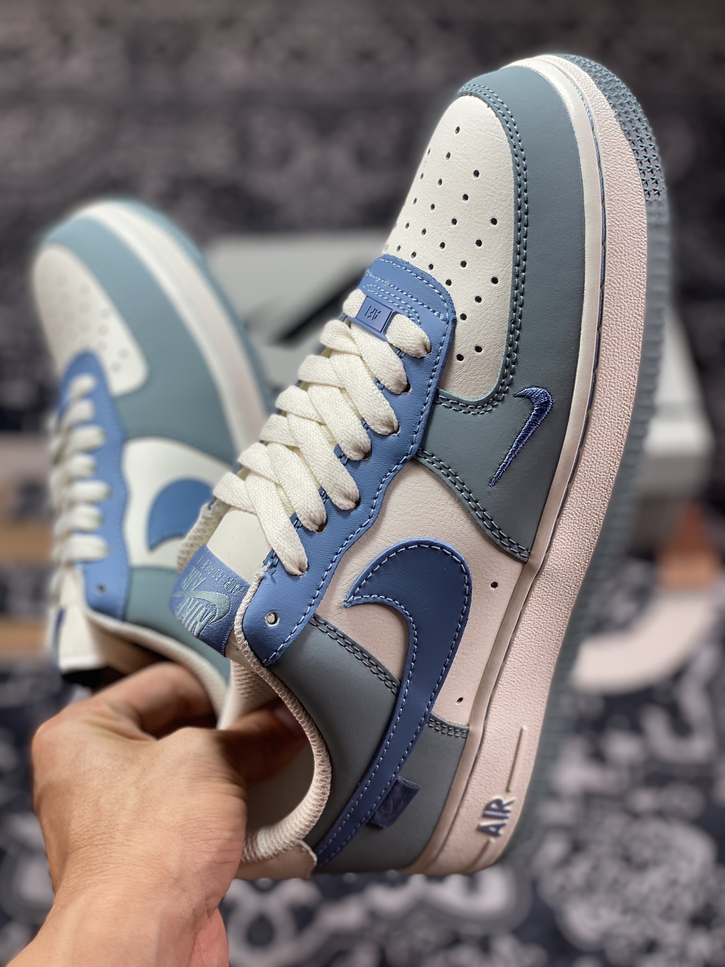 Nike Air Force 1 '07 Low QS ”Sail White/Blue Swoosh” Air Force One classic low-top sneakers ”Leather Nano Blue Beige Hook” DB3301-177