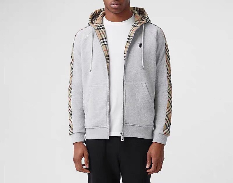 Burberry/巴宝莉 刺绣TB格纹拼接拉链卫衣外套 上身效果#